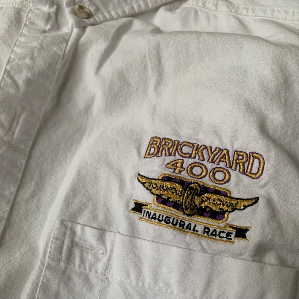 Inaugural Brickyard 400 button down short sleeve white cotton Oxford Shirt LG